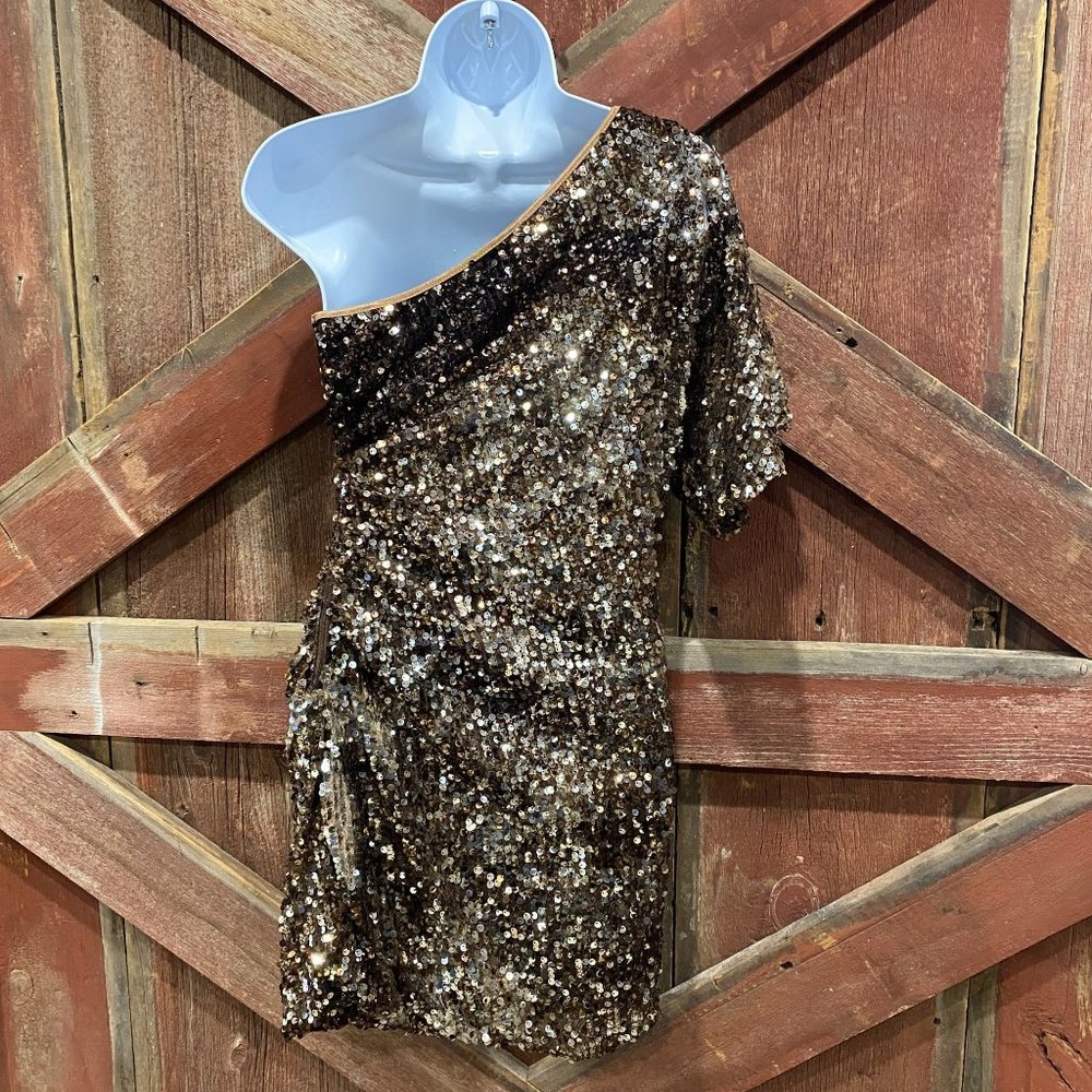 Brown Sequined Mini Dress One Shoulder Size 7 Medium Stretch Short Sleeve - Picture 7 of 13
